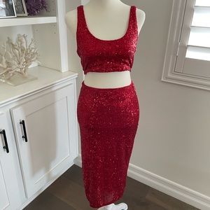 WoW!!! Two piece Fashion Nova red sequin skirt set size Medium
